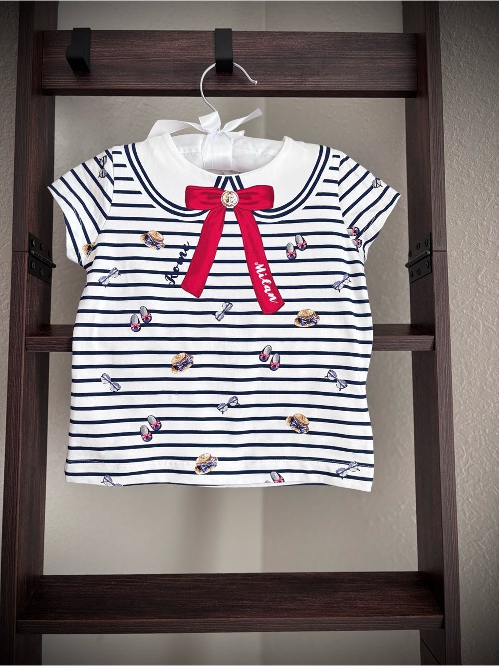 Mayoral White & Navy Striped Tee with Red Bow Accent